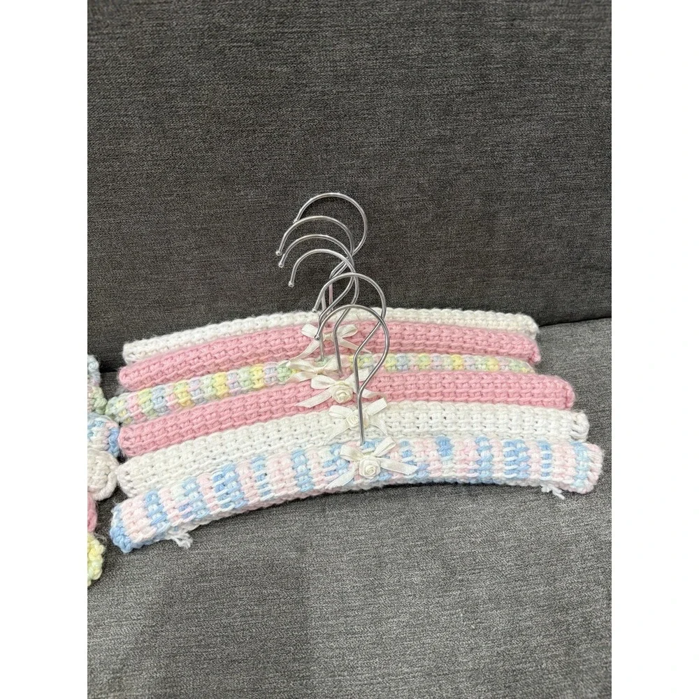 Colorful Baby Vintage 12 Handmade Crochet Yarn Covered Wooden Hangers Metal Hook